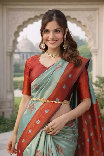 Red rama silk blend jacuard work designer party wear saree with unstitched blouse piece