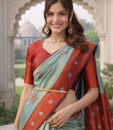 Red rama silk blend saree with unstitched blouse piece