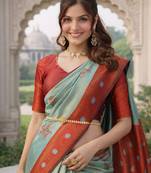 Red rama silk blend jacuard work designer party wear saree with unstitched blouse piece