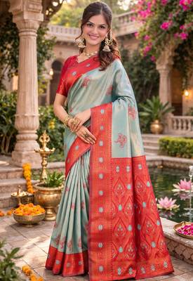 Red rama silk blend saree with unstitched blouse piece 2
