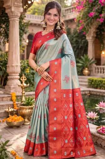 Red rama silk blend saree with unstitched blouse piece