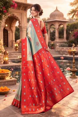 Red rama silk blend saree with unstitched blouse piece 3
