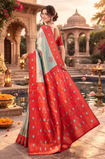 Red rama silk blend saree with unstitched blouse piece