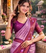 Wine purple silk blend jacuard work designer party wear saree with unstitched blouse piece