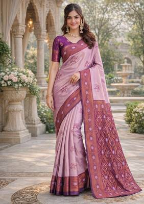 Wine purple silk blend saree with unstitched blouse piece 2