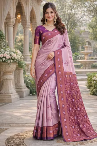 Wine purple silk blend jacuard work designer party wear saree with unstitched blouse piece