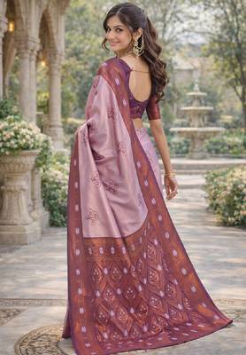 Wine purple silk blend saree with unstitched blouse piece 3