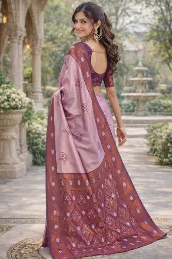 Wine purple silk blend jacuard work designer party wear saree with unstitched blouse piece