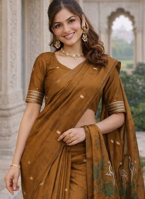 Mustard lillen saree with unstitched blouse piece 1