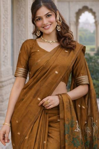 Mustard lillen jacuard work designer party wear saree with unstitched blouse piece