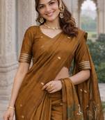 Mustard lillen jacuard work designer party wear saree with unstitched blouse piece
