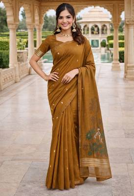 Mustard lillen saree with unstitched blouse piece 2
