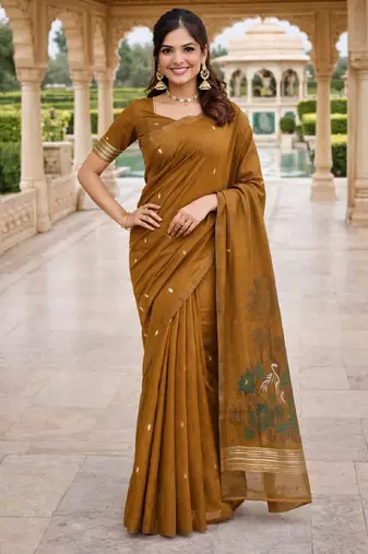 Mustard lillen saree with unstitched blouse piece