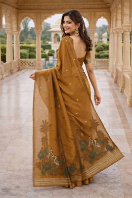 Mustard lillen saree with unstitched blouse piece 3
