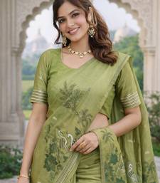 Parrot green lillen saree with unstitched blouse piece