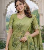 Parrot green lillen jacuard work designer party wear saree with unstitched blouse piece