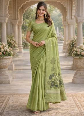 Parrot green lillen saree with unstitched blouse piece 2