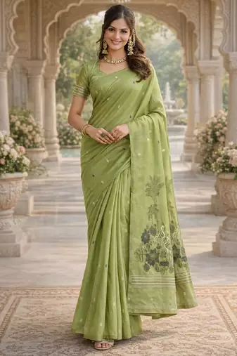 Parrot green lillen saree with unstitched blouse piece