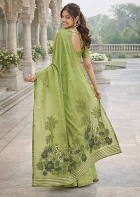 Parrot green lillen saree with unstitched blouse piece 3
