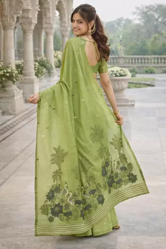 Parrot green lillen saree with unstitched blouse piece