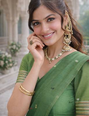 Parrot green lillen saree with unstitched blouse piece 4