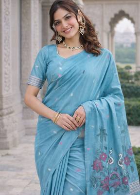 Rama lillen saree with unstitched blouse piece 1