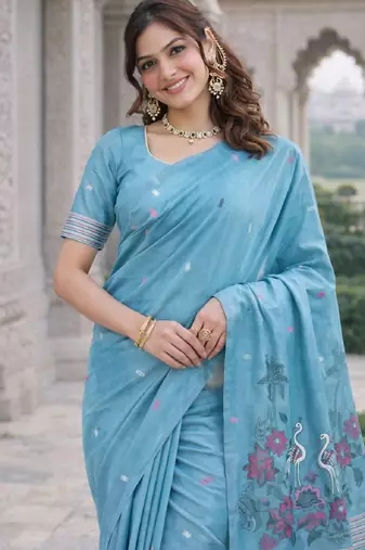 Rama lillen jacuard work designer party wear saree with unstitched blouse piece