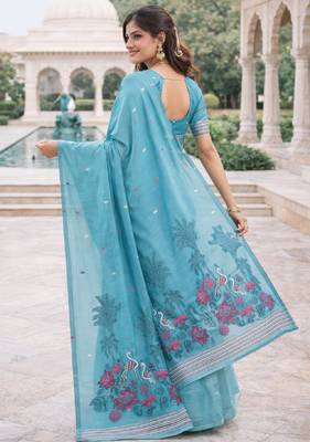 Rama lillen saree with unstitched blouse piece 3