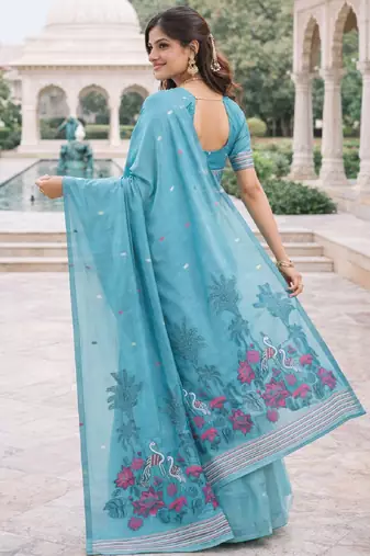 Rama lillen saree with unstitched blouse piece