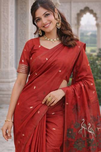Red lillen jacuard work designer party wear saree with unstitched blouse piece