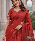 Red lillen jacuard work designer party wear saree with unstitched blouse piece