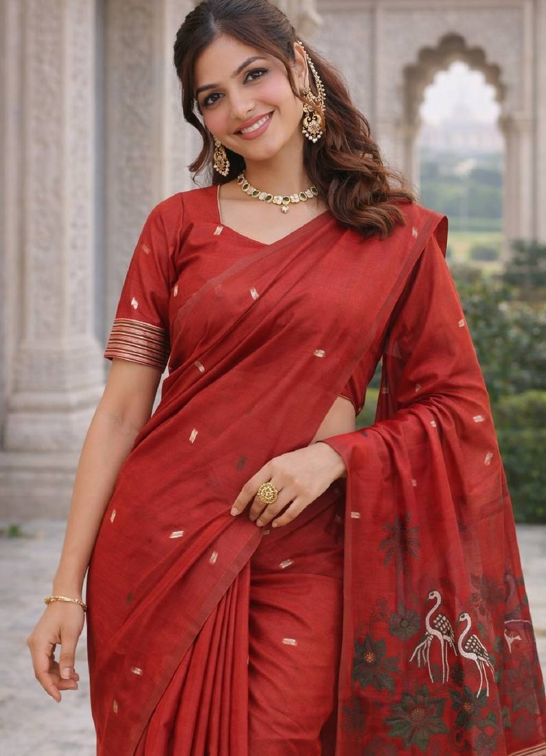 Red lillen jacuard work designer party wear saree with unstitched blouse piece