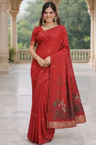 Red lillen saree with unstitched blouse piece