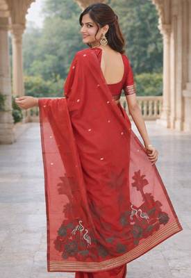 Red lillen saree with unstitched blouse piece 3
