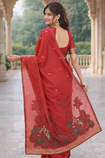 Red lillen saree with unstitched blouse piece
