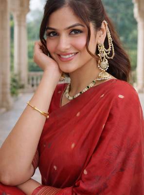 Red lillen saree with unstitched blouse piece 4