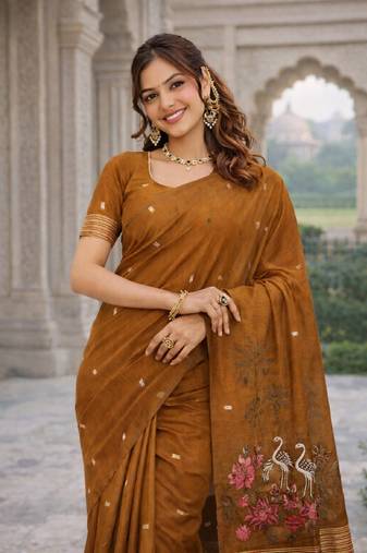 Rust lillen jacuard work designer party wear saree with unstitched blouse piece