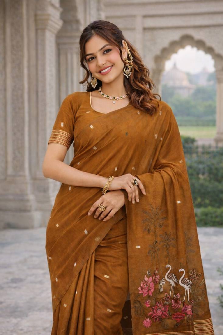 Rust lillen jacuard work designer party wear saree with unstitched blouse piece