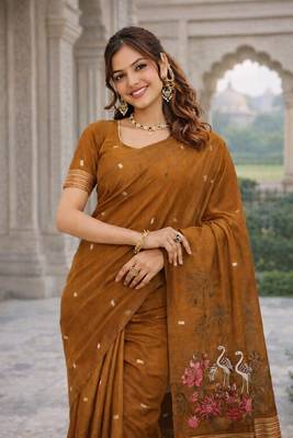 Rust lillen saree with unstitched blouse piece 1