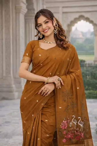 Rust lillen jacuard work designer party wear saree with unstitched blouse piece