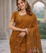 Rust lillen jacuard work designer party wear saree with unstitched blouse piece