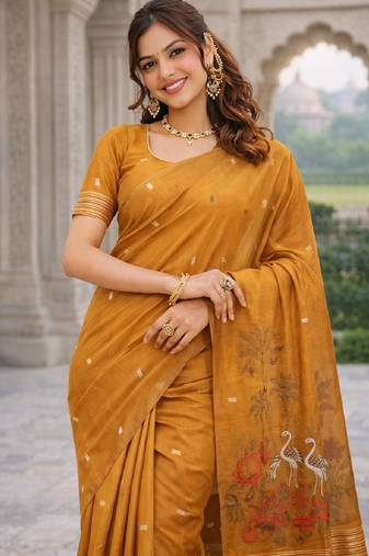Rust lillen jacuard work designer party wear saree with unstitched blouse piece