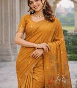 Rust lillen jacuard work designer party wear saree with unstitched blouse piece