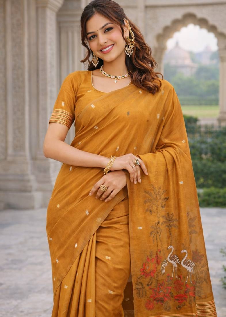 Rust lillen jacuard work designer party wear saree with unstitched blouse piece