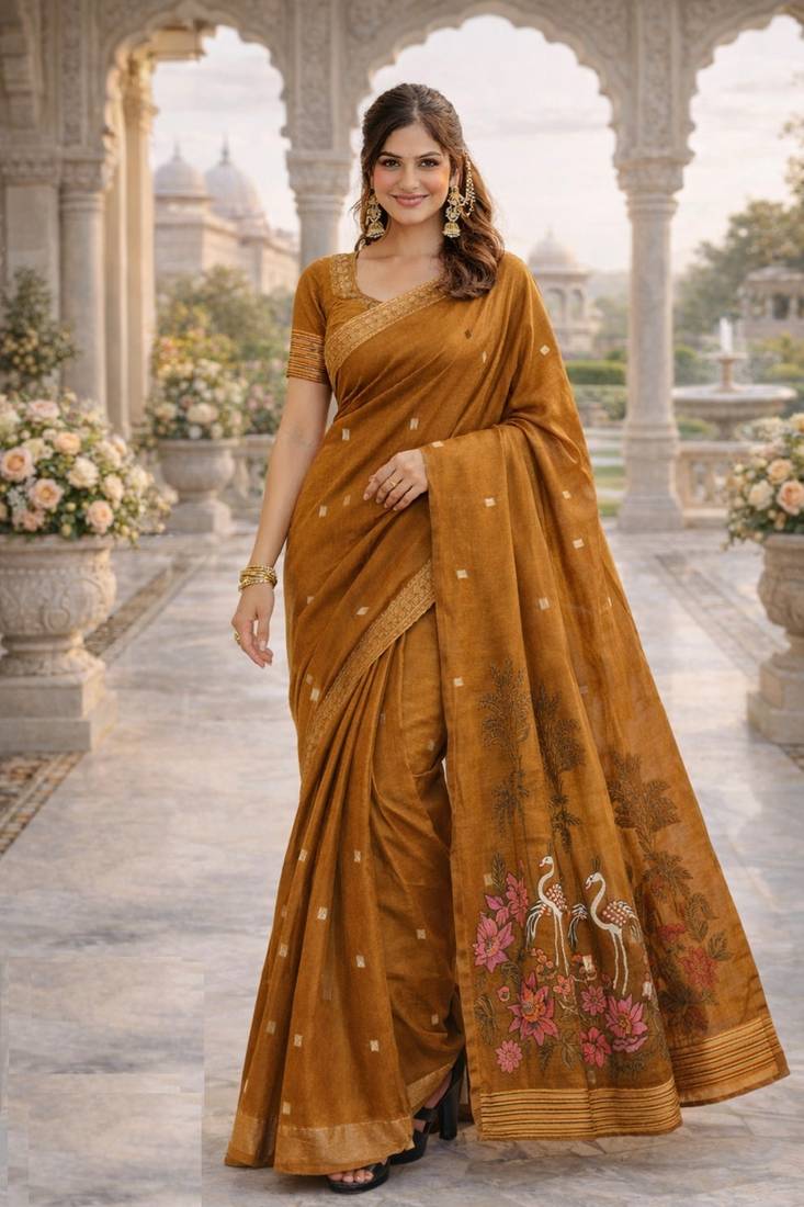 Rust lillen jacuard work designer party wear saree with unstitched blouse piece