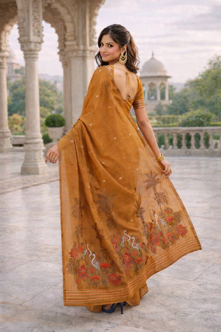 Rust lillen jacuard work designer party wear saree with unstitched blouse piece