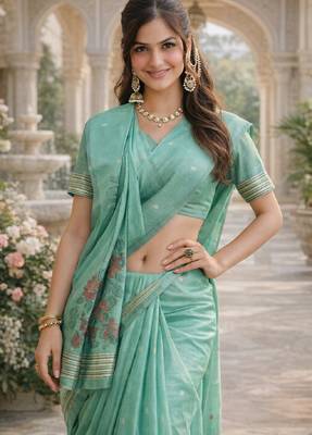 Sea green lillen saree with unstitched blouse piece 1