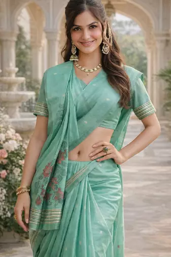 Sea green lillen jacuard work designer party wear saree with unstitched blouse piece
