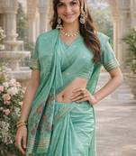 Sea green lillen jacuard work designer party wear saree with unstitched blouse piece