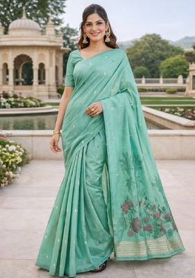 Sea green lillen saree with unstitched blouse piece 2